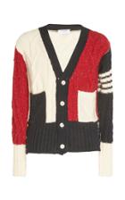 Thom Browne Aran Cable Classic V Neck Cardigan With White 4 Bar Stripe