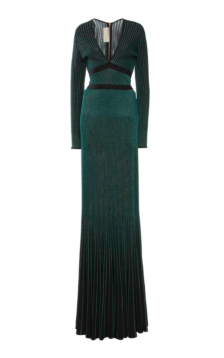 Elie Saab Metallic Knit Plisse Maxi Dress
