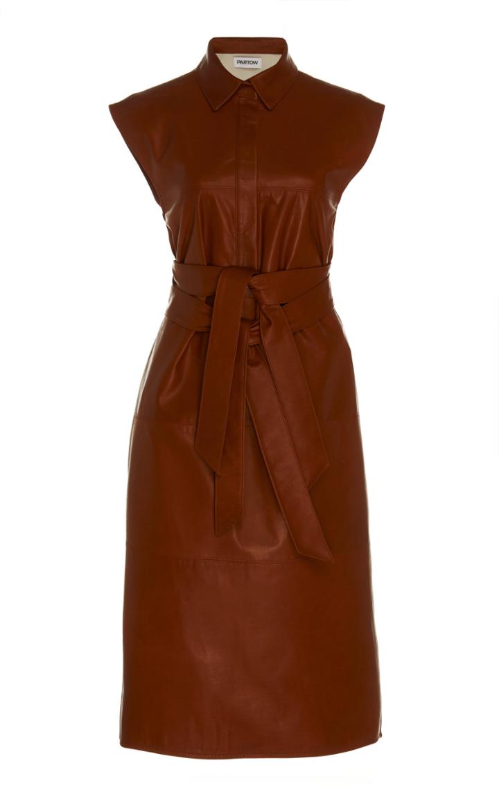 Partow Calico Tie-detailed Leather Shirt Dress