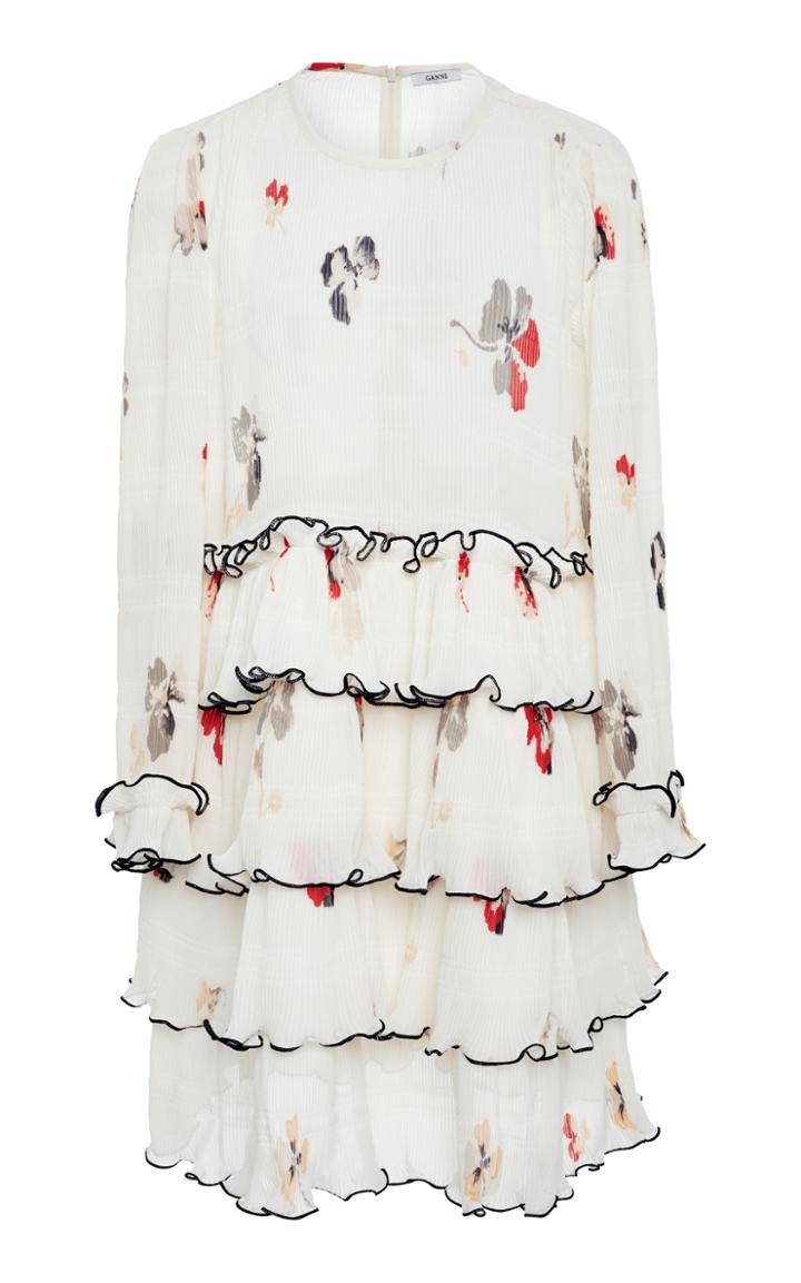 Ganni Lowell Pleated Floral-print Crepe Mini Dress
