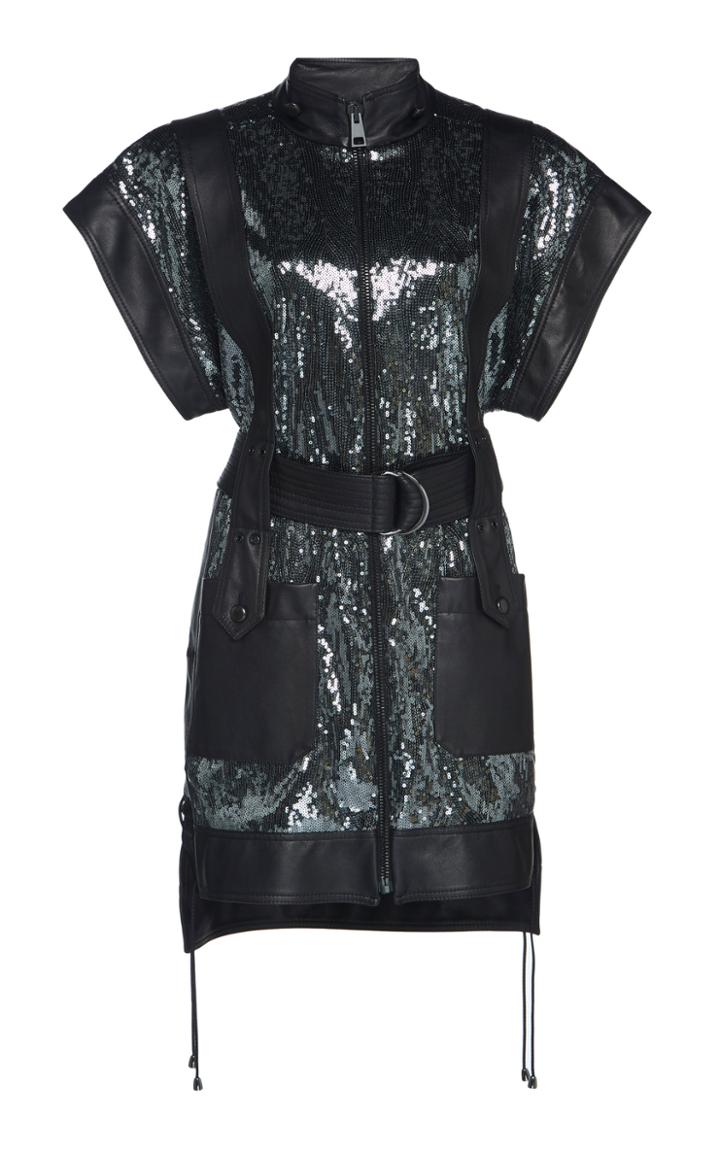 Dundas Sequin Embellished Leather Mini Dress With Belt