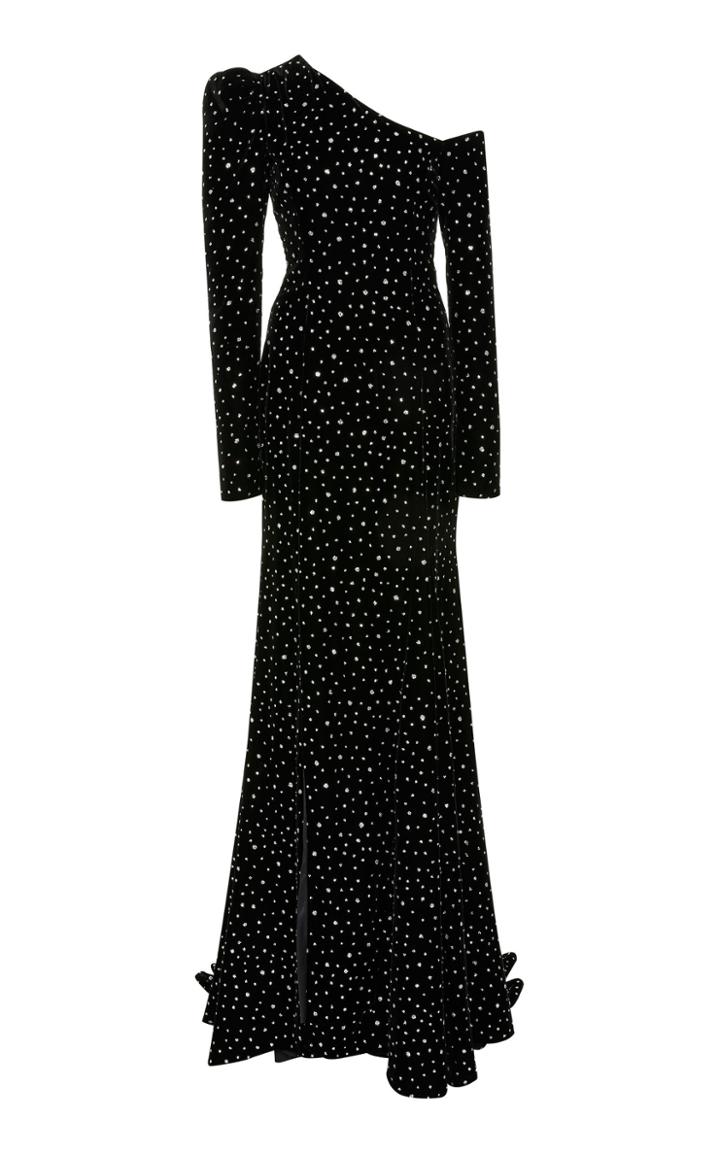 Christian Siriano Crystal Velvet Long Sleeve Side Slit Gown