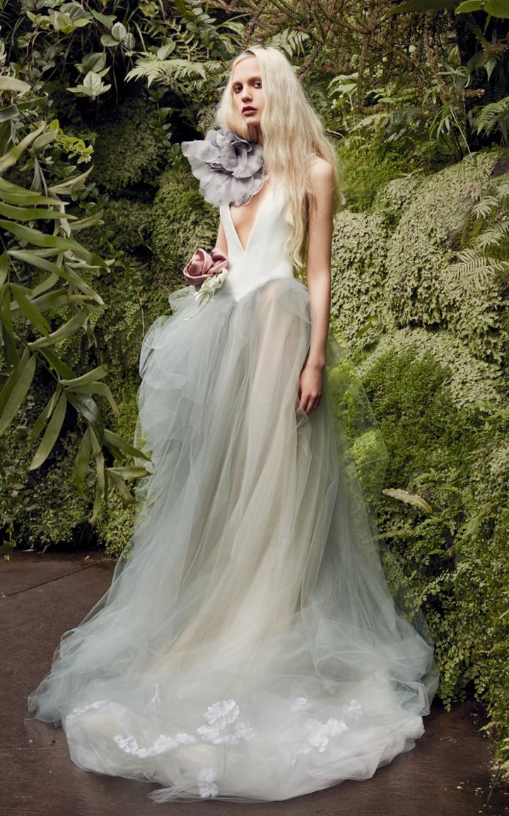 Vera Wang Larkspur V-neck Crepe Gown With Tulle Skirt