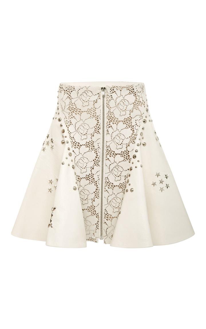 Rodarte Off-white Laser Cut Leather Studded A-line Skirt