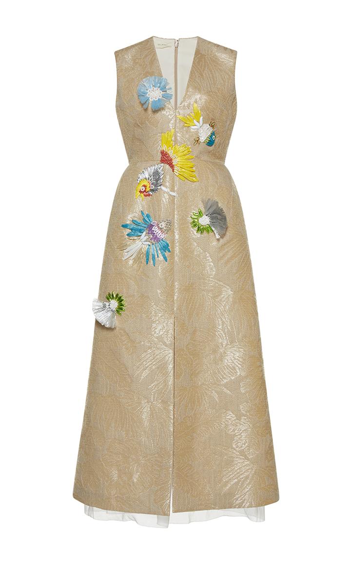 Delpozo Sleeveless V Neck Raffia Embroidered Dress