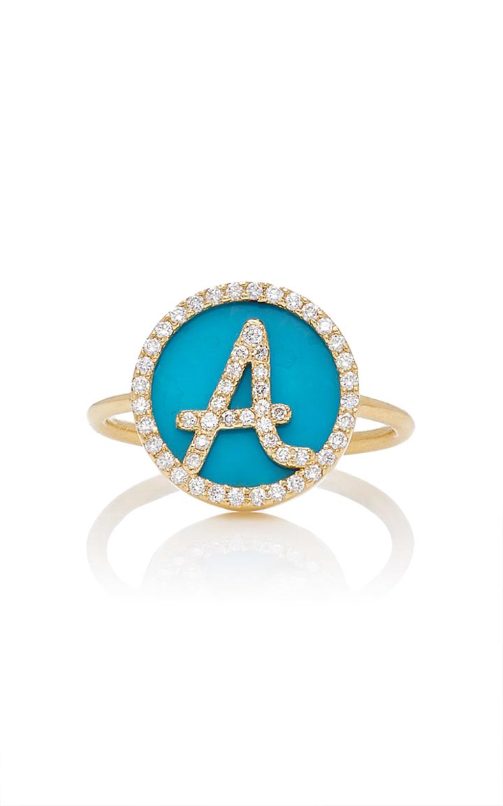 Names By Noush Treasure Disk Roman Initial Ring With Turquoise Gemstone