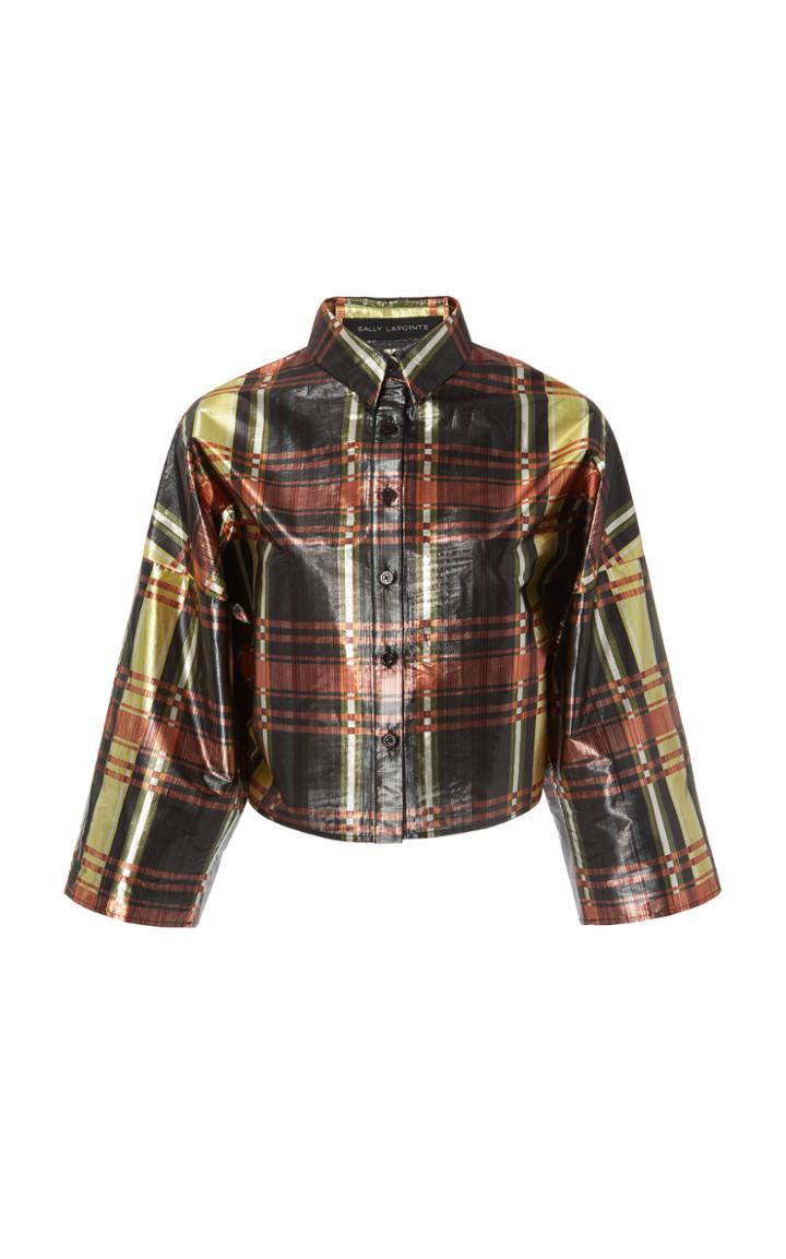Sally Lapointe Cropped Button-down Metallic Plaid Lam Top
