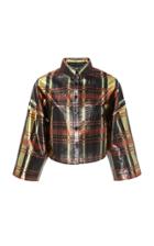 Sally Lapointe Cropped Button-down Metallic Plaid Lam Top