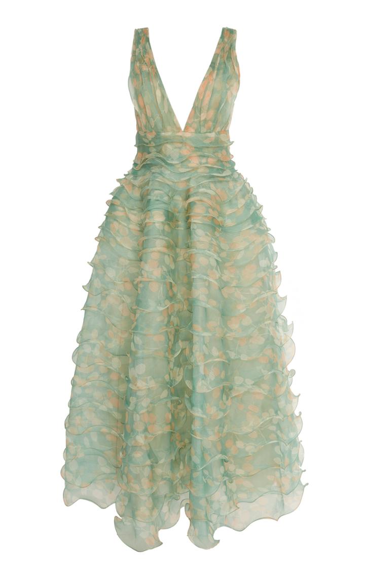 J. Mendel Ruffled Silk Organza Printed Midi Dress