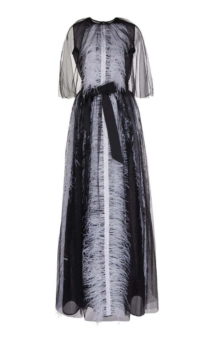 Huishan Zhang Vanessa Ostrich Feather Embellished Tulle Gown