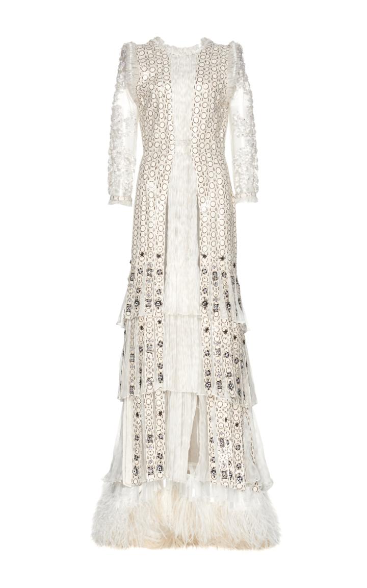 Roberto Cavalli Embroidered Tiered Fringe Long Sleeve Gown