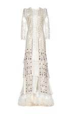 Roberto Cavalli Embroidered Tiered Fringe Long Sleeve Gown