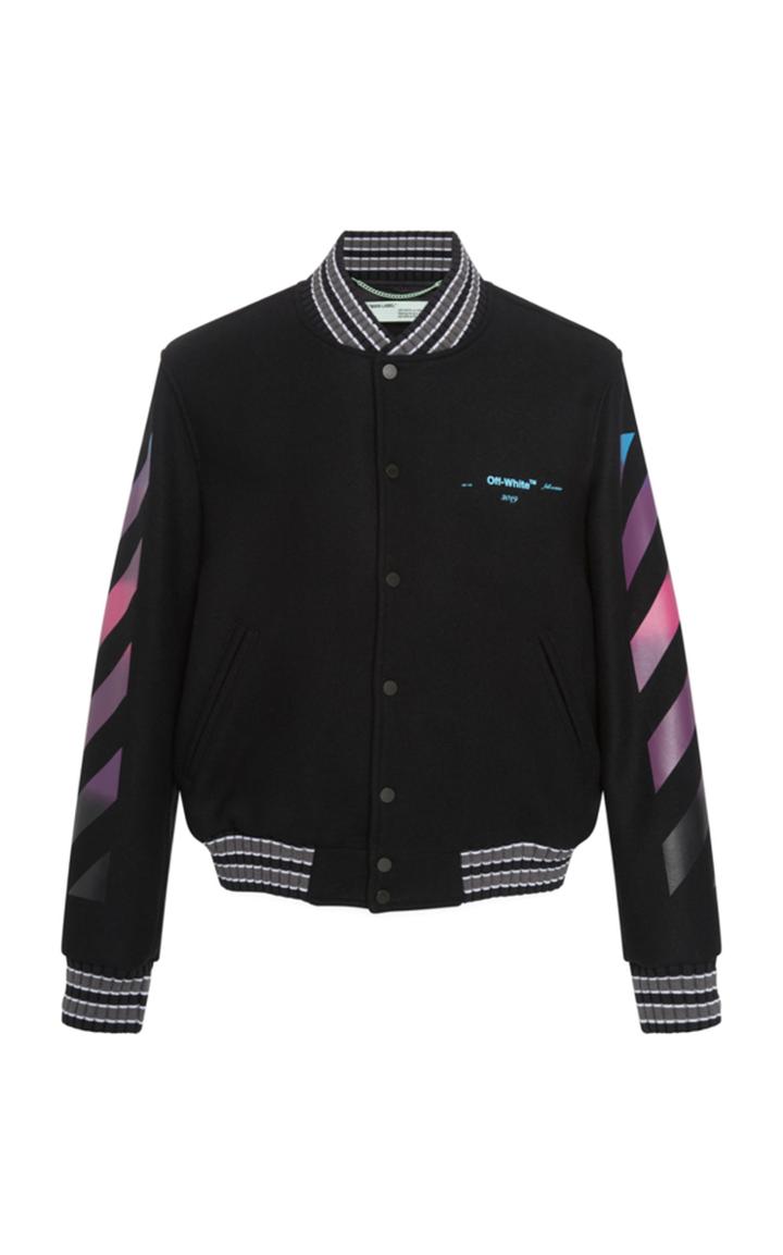 Off-white C/o Virgil Abloh Striped Logo-printed Wool-blend Felt Varsity Jacket