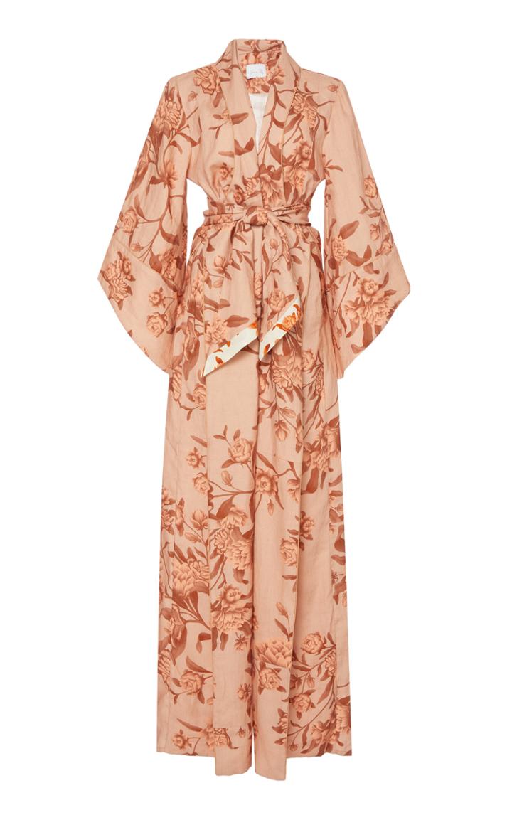 Johanna Ortiz Cabbage Rose Sash-tie Linen Dress