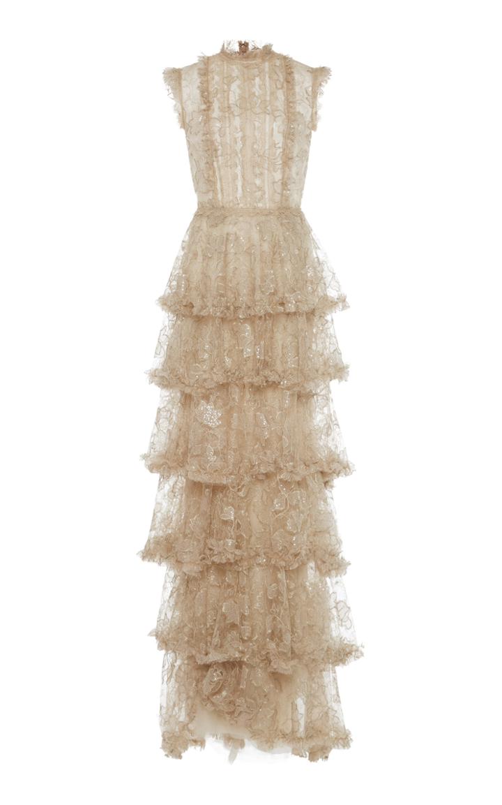 Costarellos Tiered Lace Tulle Dress