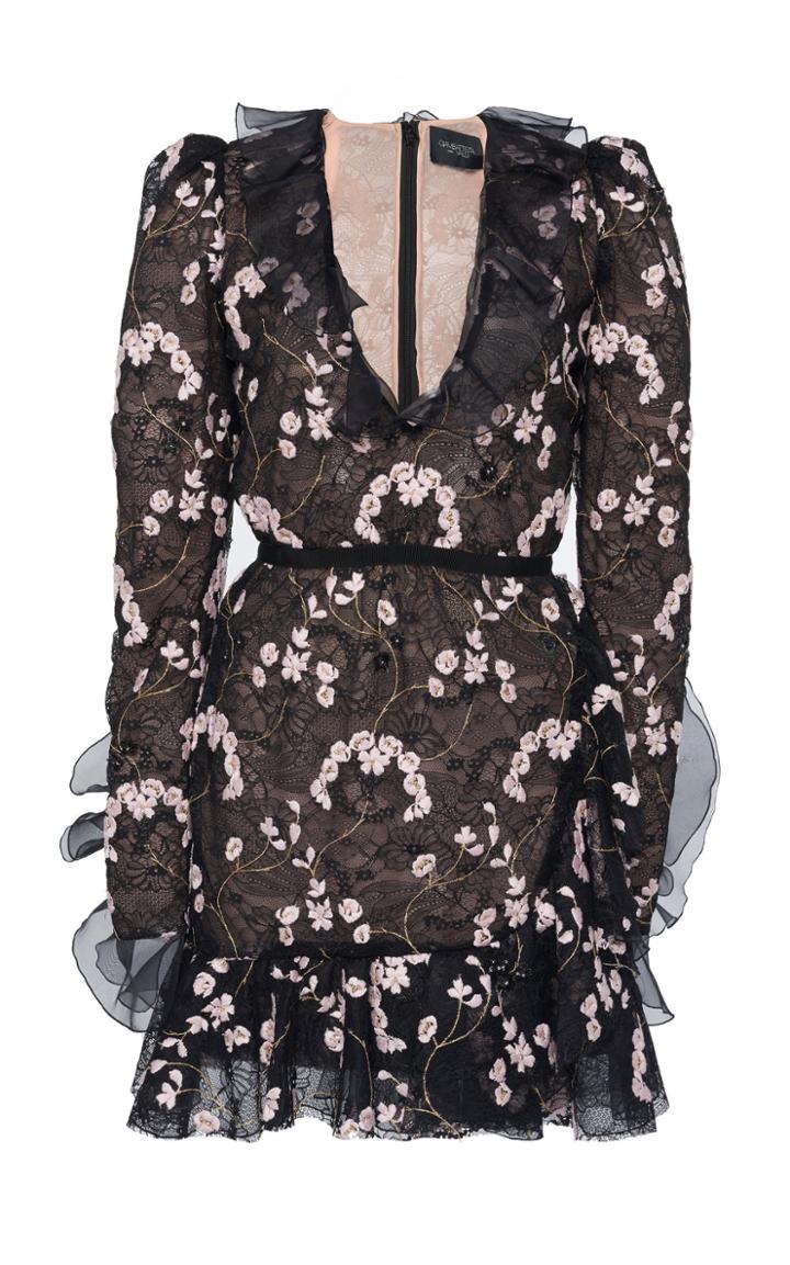 Giambattista Valli Floral Embroidered Chiffon V-neck Mini Dress