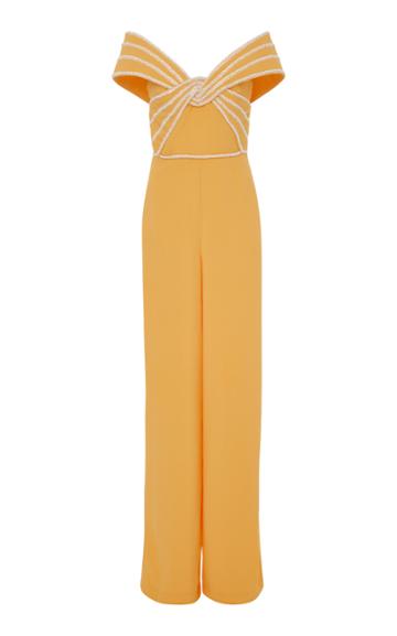 Elizabeth Kennedy Off The Shoulder Jumpsuit With Pearl Embroidery