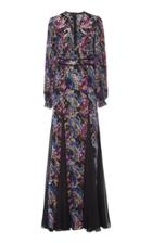 Costarellos Hand-painted Silk Godet Dress