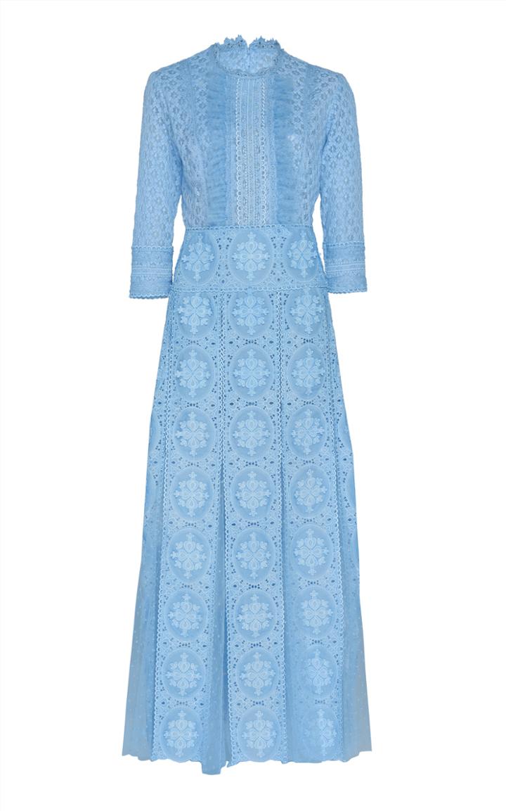 Costarellos Pleated Lace Midi Dress