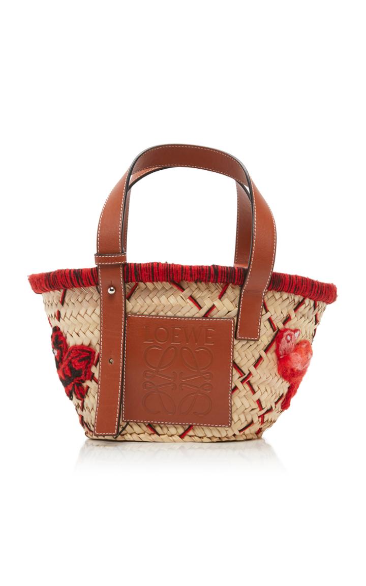 Loewe Small Leather-trimmed Embroidered Straw Tote