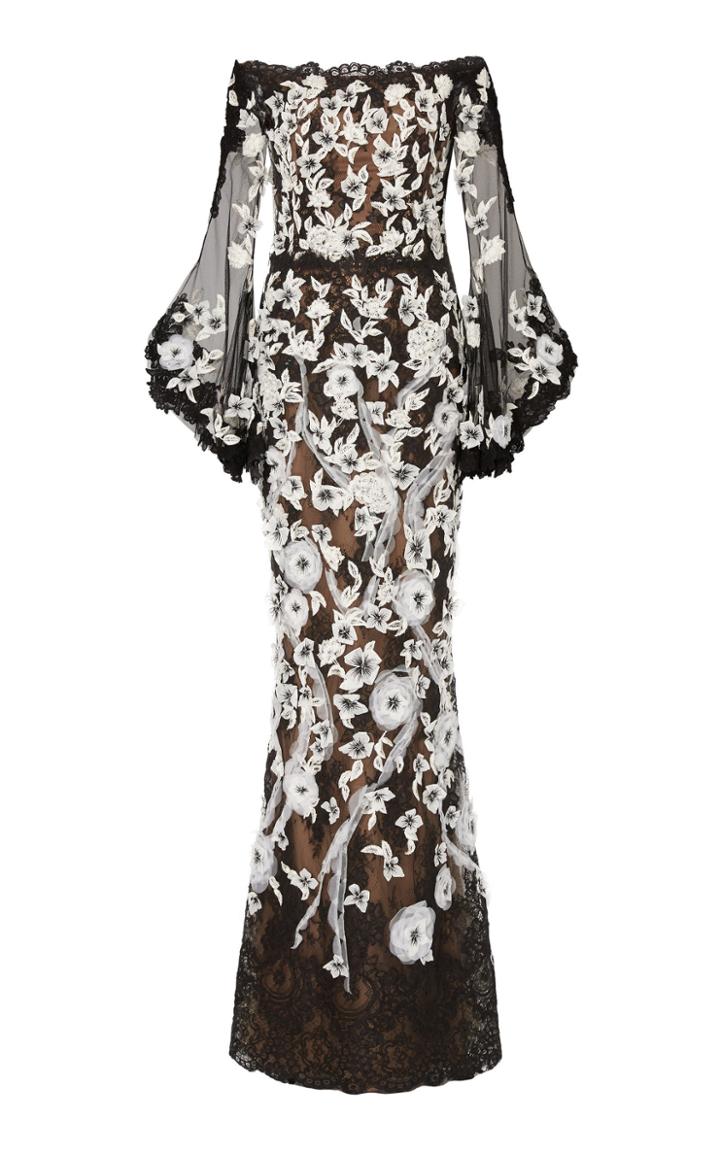 Marchesa Corded Lace Off Shoulder Fit And Flare Gown