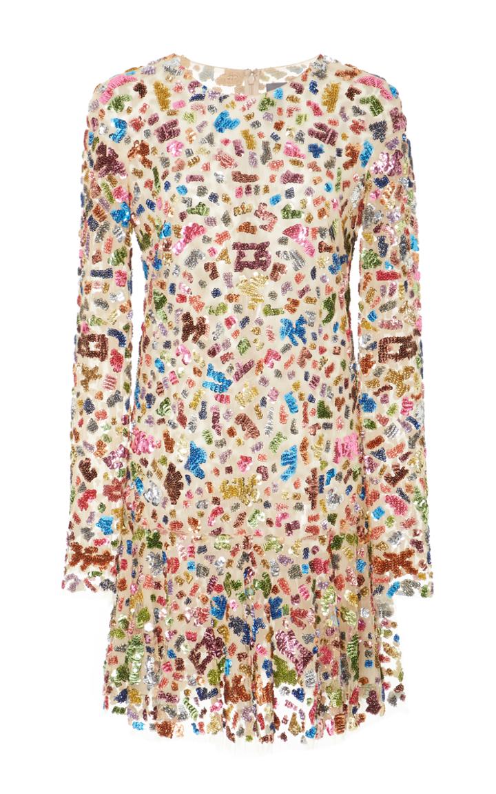 Monique Lhuillier Long Sleeve Sequin Embroidered Flounce Dress