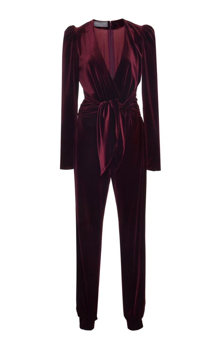 Monique Lhuillier V-neck Tie Waist Velour Jumpsuit