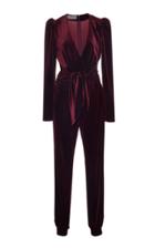 Monique Lhuillier V-neck Tie Waist Velour Jumpsuit