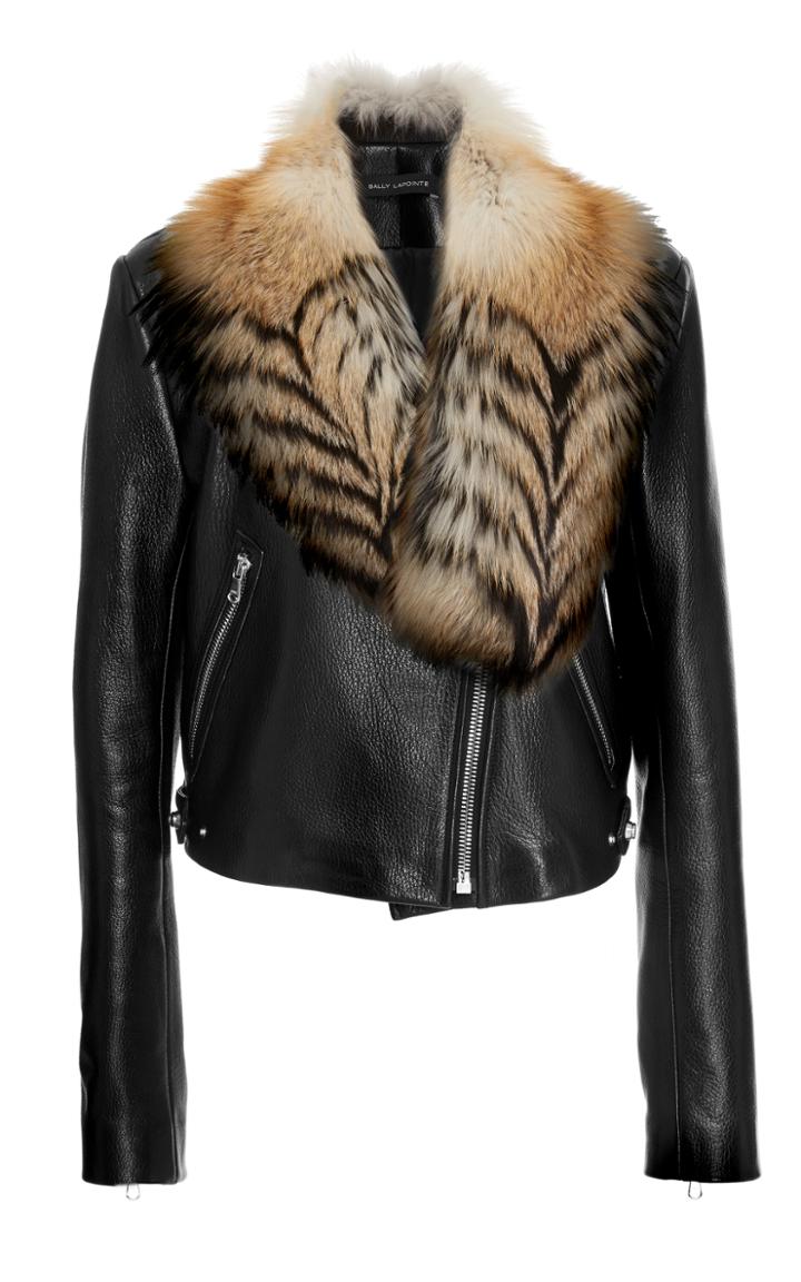 Sally Lapointe Fox Fur Collar Classic Moto Jacket