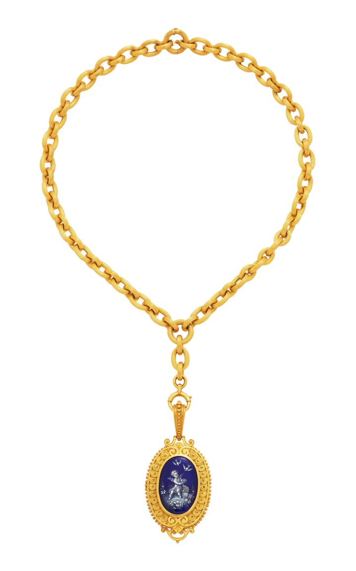 Fred Leighton Antique Yellow Gold Necklace With Handpainted Enamel Cherub Motif Pendant Locket