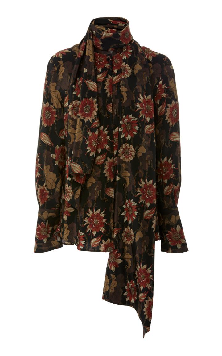 Salvatore Ferragamo Floral Printed Silk Blouse With Scarf Neckline