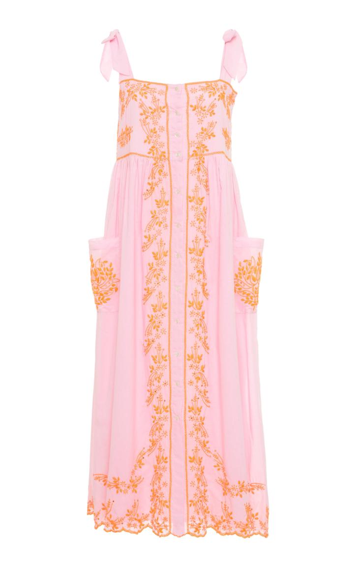 Juliet Dunn Embroidered Tie Shoulder Cotton Dress