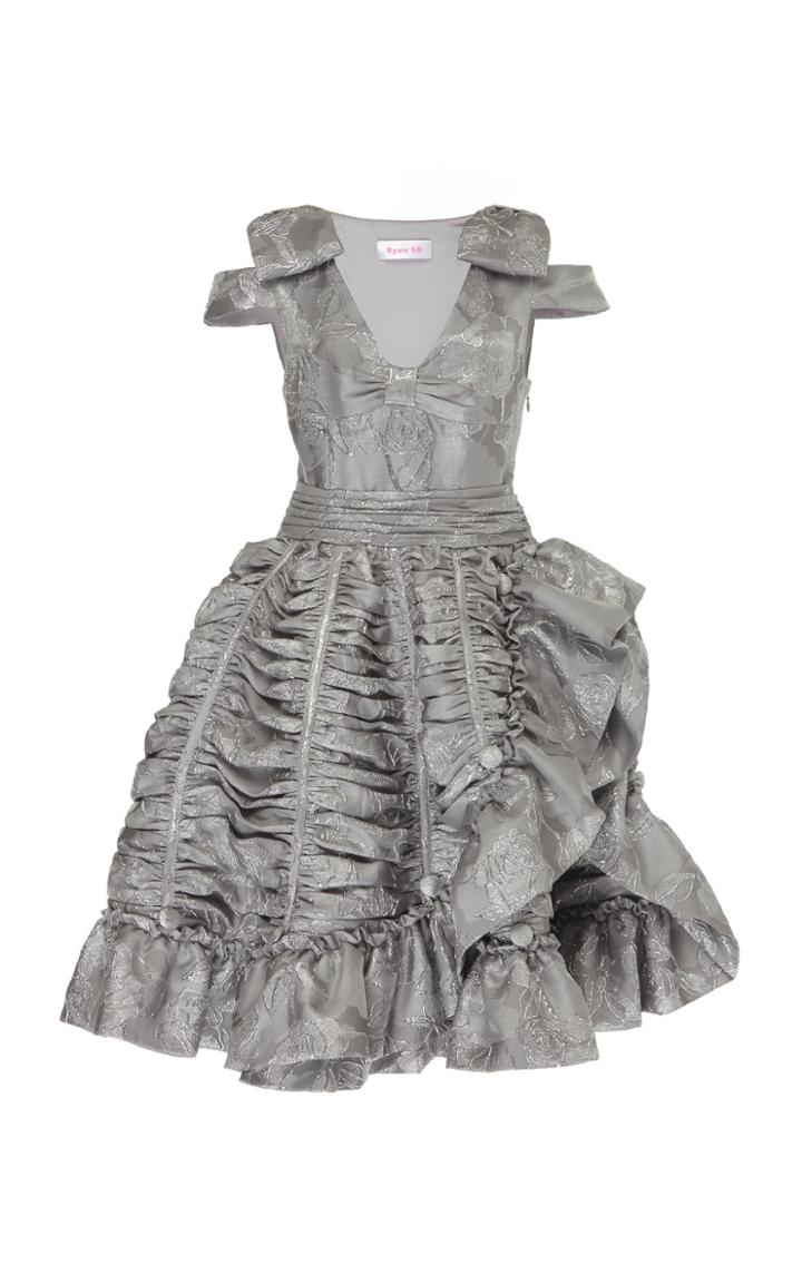 Ryan Lo Grey Ruched Rose Jacquard Cocktail Dress