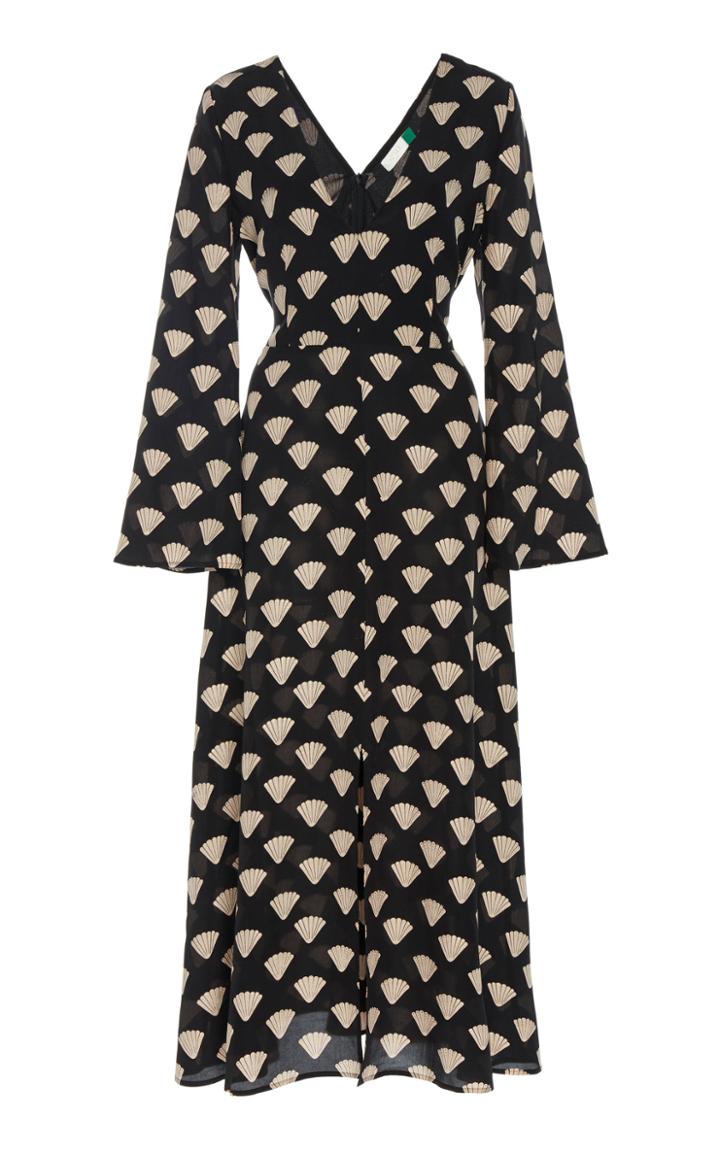 Rixo Nora Silk Flare Sleeve V Neck Midi Dress