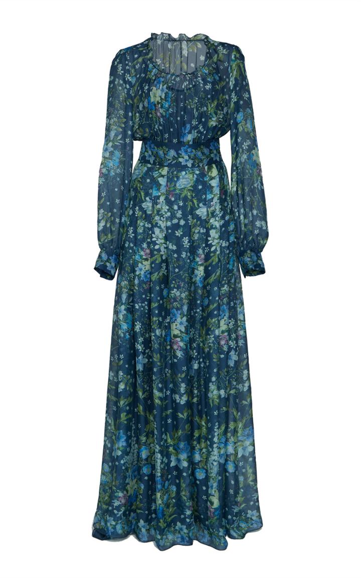 Luisa Beccaria Floral Print Silk Chiffon Gown