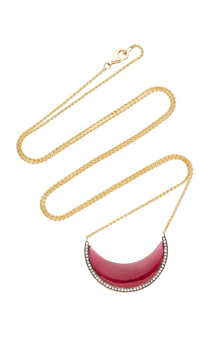 Noor Fares Chandra Cresent Pendant In Yellow Gold With Garnet & Diamonds