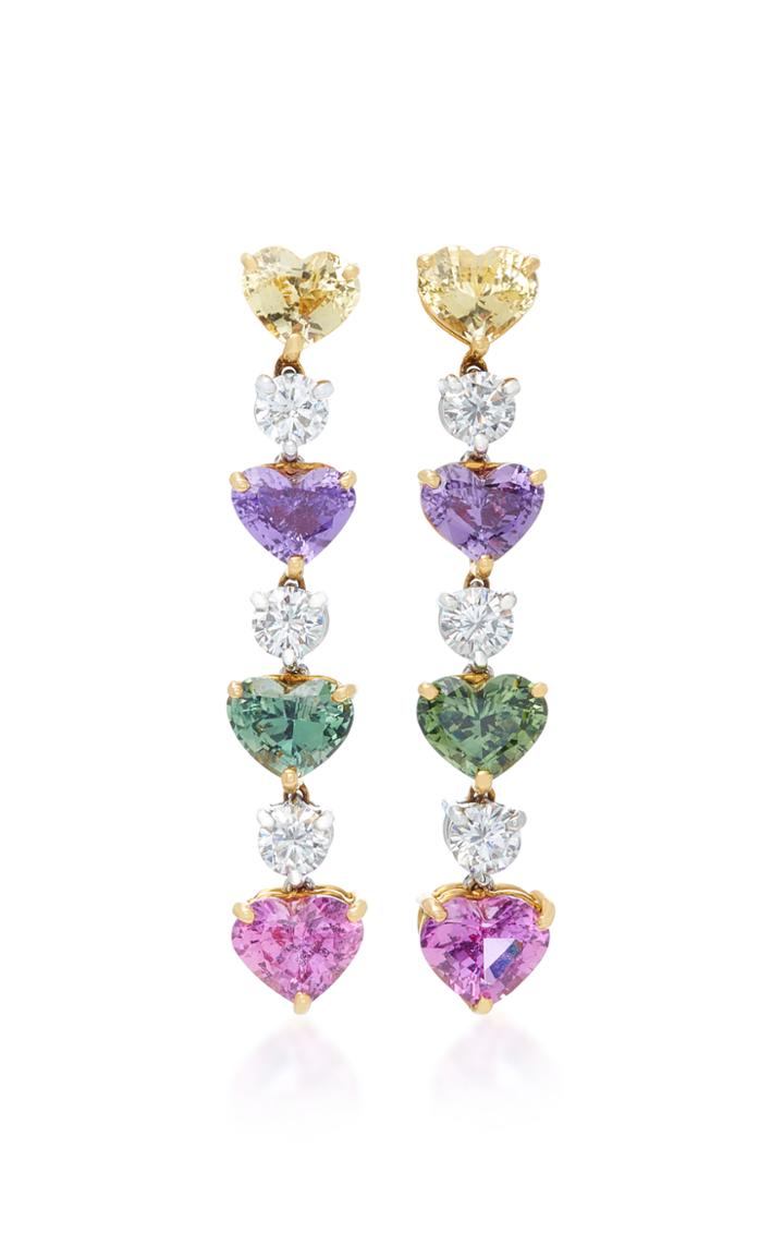 Bayco 18k Yellow Gold Platinum Heart-shaped Sapphire And Diamond Earrings