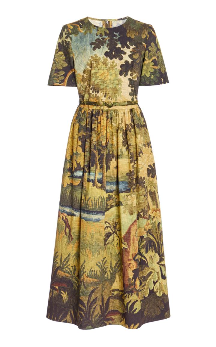 Oscar De La Renta Belted Printed Cotton Midi Dress