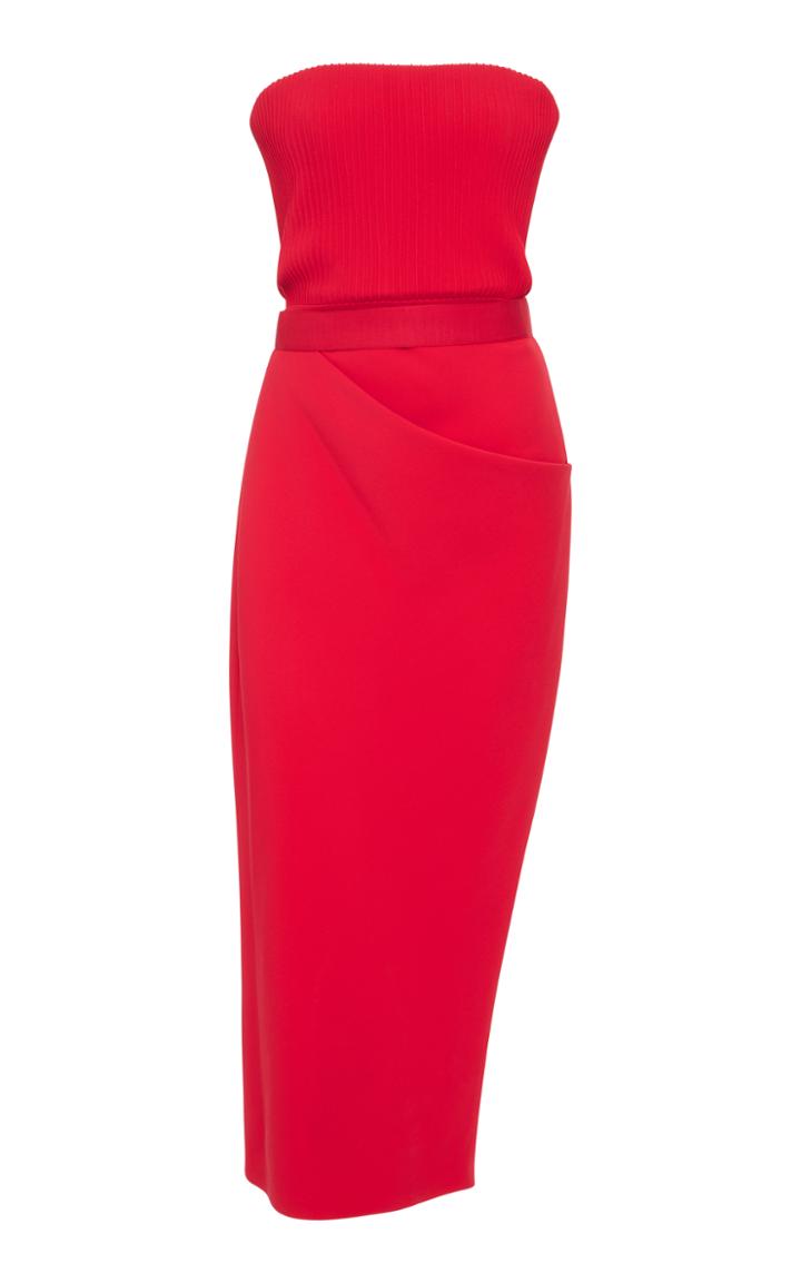 Brandon Maxwell Strapless Ribbed Bodice Side Draped Dress