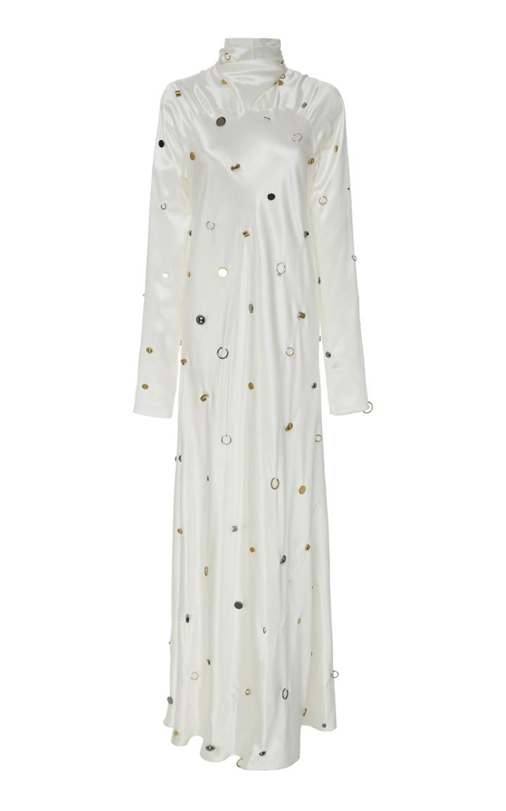 Marni Mock Neck Embroidered Satin Maxi Dress