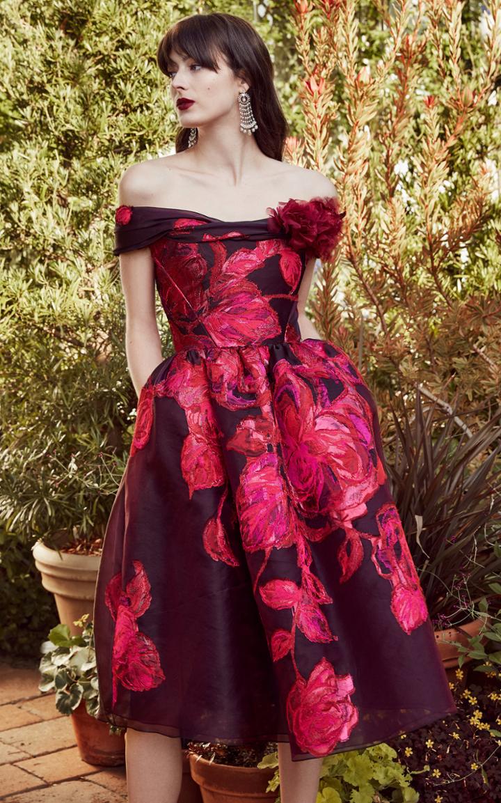 Marchesa Floral Jacquard Off Shoulder Cocktail Dress