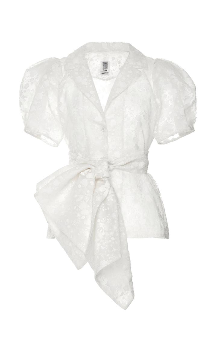 Rosie Assoulin Puff-sleeve Belted Cotton-blend Lace Top