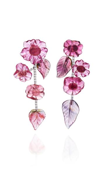 Irene Neuwirth One-of-a-kind 18k Gold Carved Tourmaline Leaves And Flowers Earrings