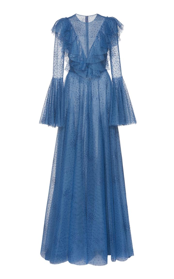 Costarellos Ruffled Dot Tulle Gown
