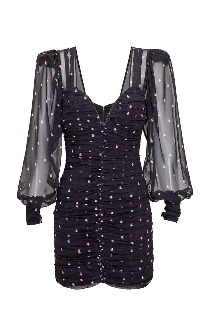 Retrofte Calla Sheer-sleeve Polka-dot Silk Mini Dress