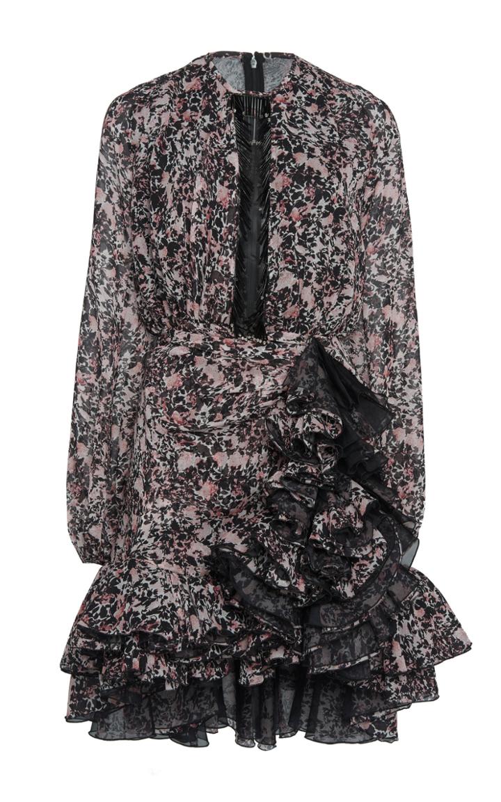 Giambattista Valli Ruffled Floral Print Silk Chiffon Dress