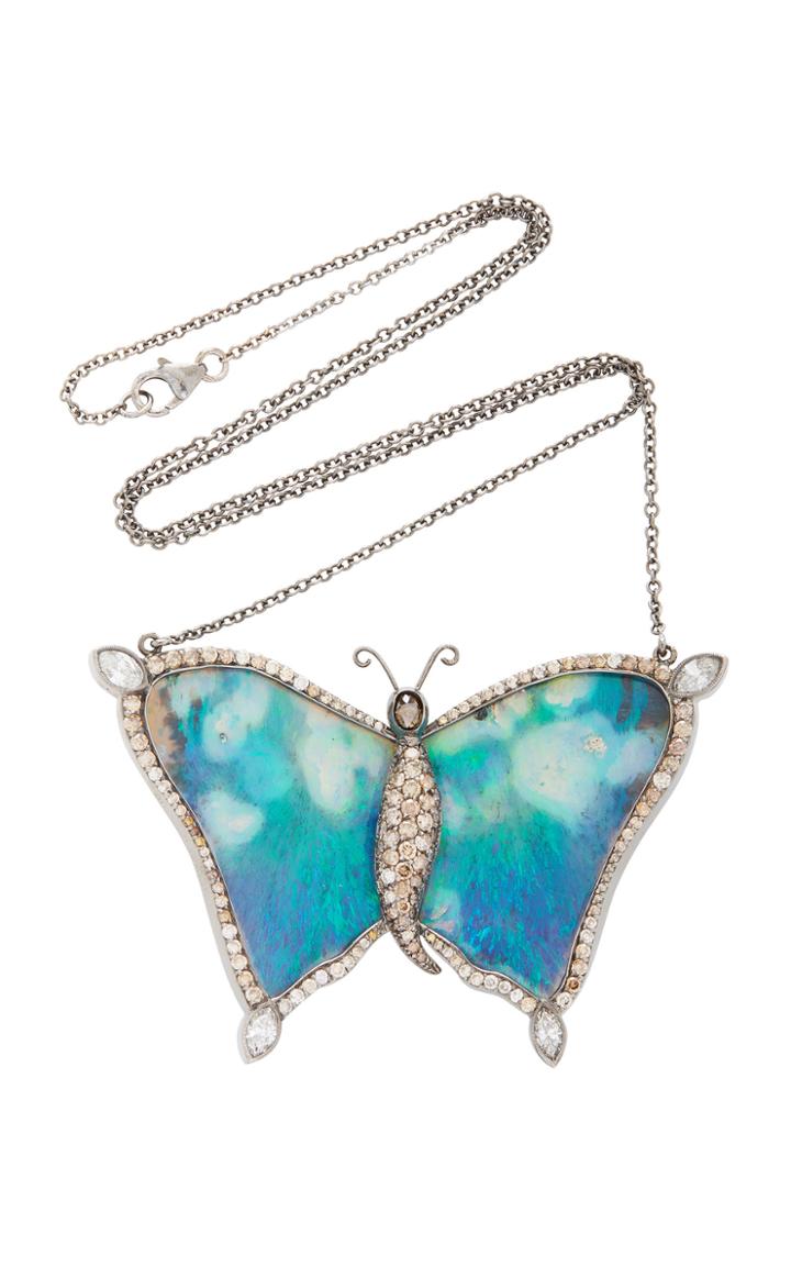 Kimberly Mcdonald One-of-a-kind Black Opal Butterfly Pendant With Natural Brown Diamonds Set In 18k White Gold And 18k Rose Gold With Black Rhodium