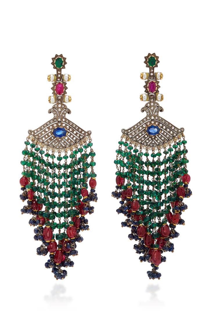 Sanjay Kasliwal One-of-a-kind Emerald Sapphire And Ruby Cascade Earrings