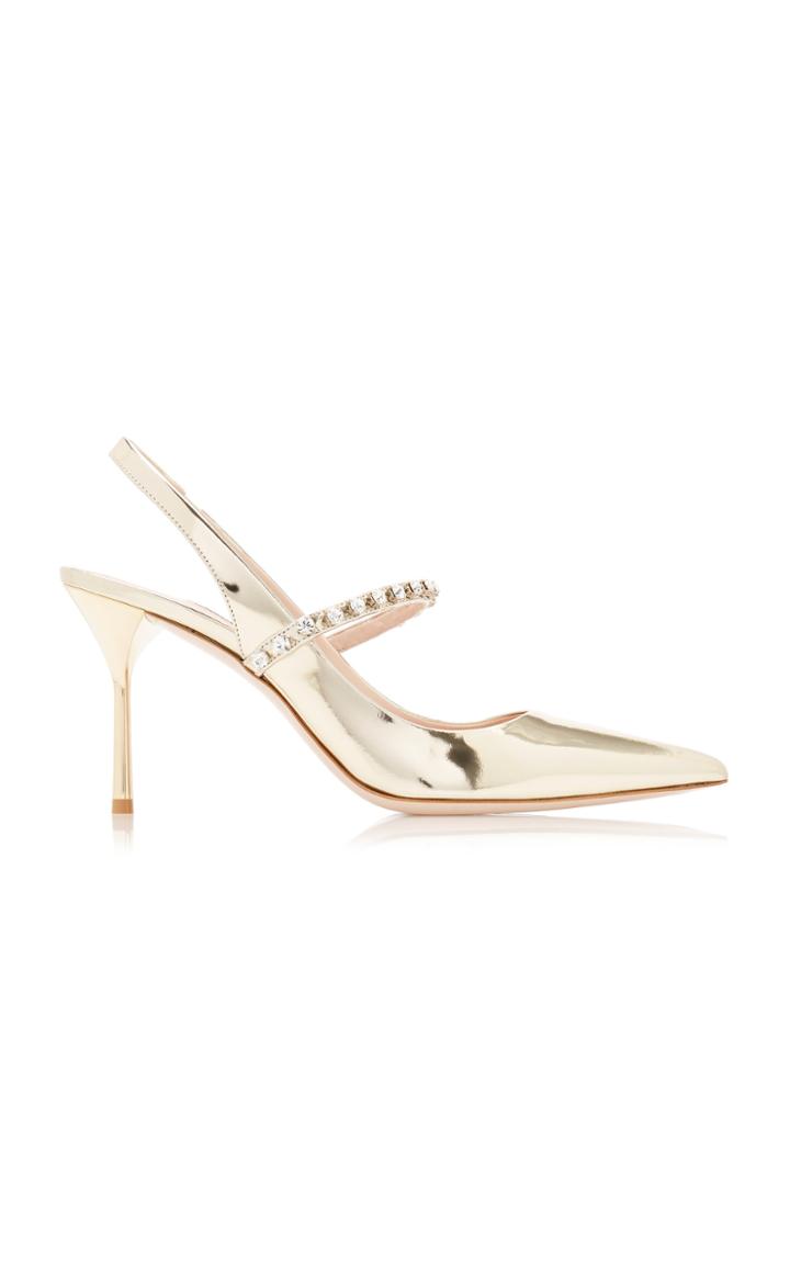 Miu Miu Crystal-embellished Metallic Leather Slingback Pumps