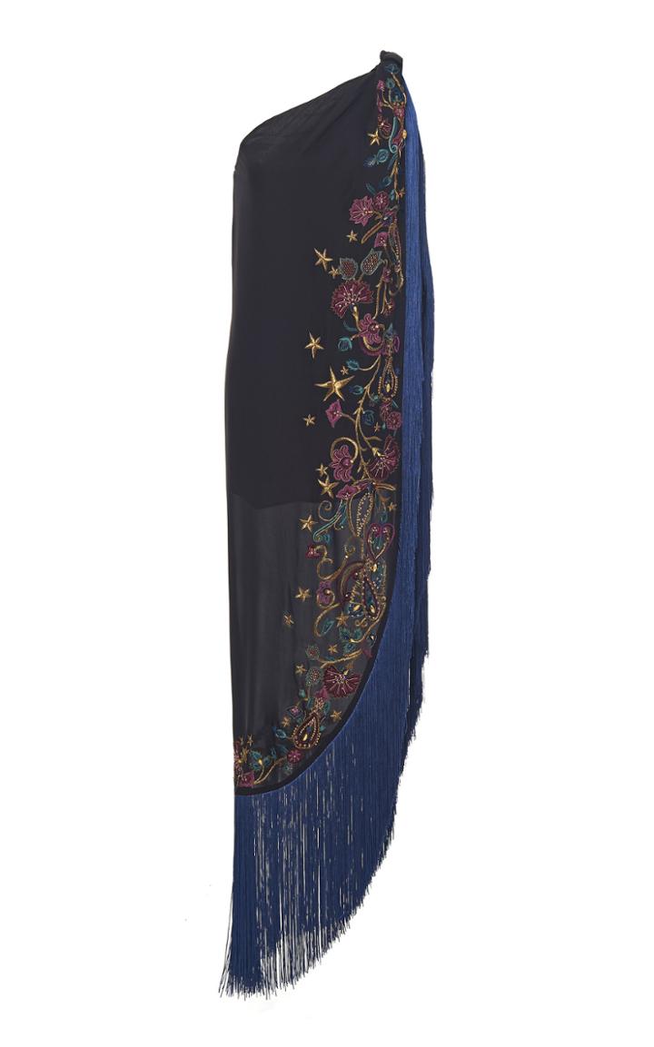 Dundas Embroidered Fringed One-shoulder Silk Dress